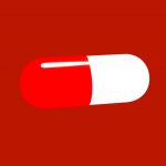 Image of a red and white pill over a red background.