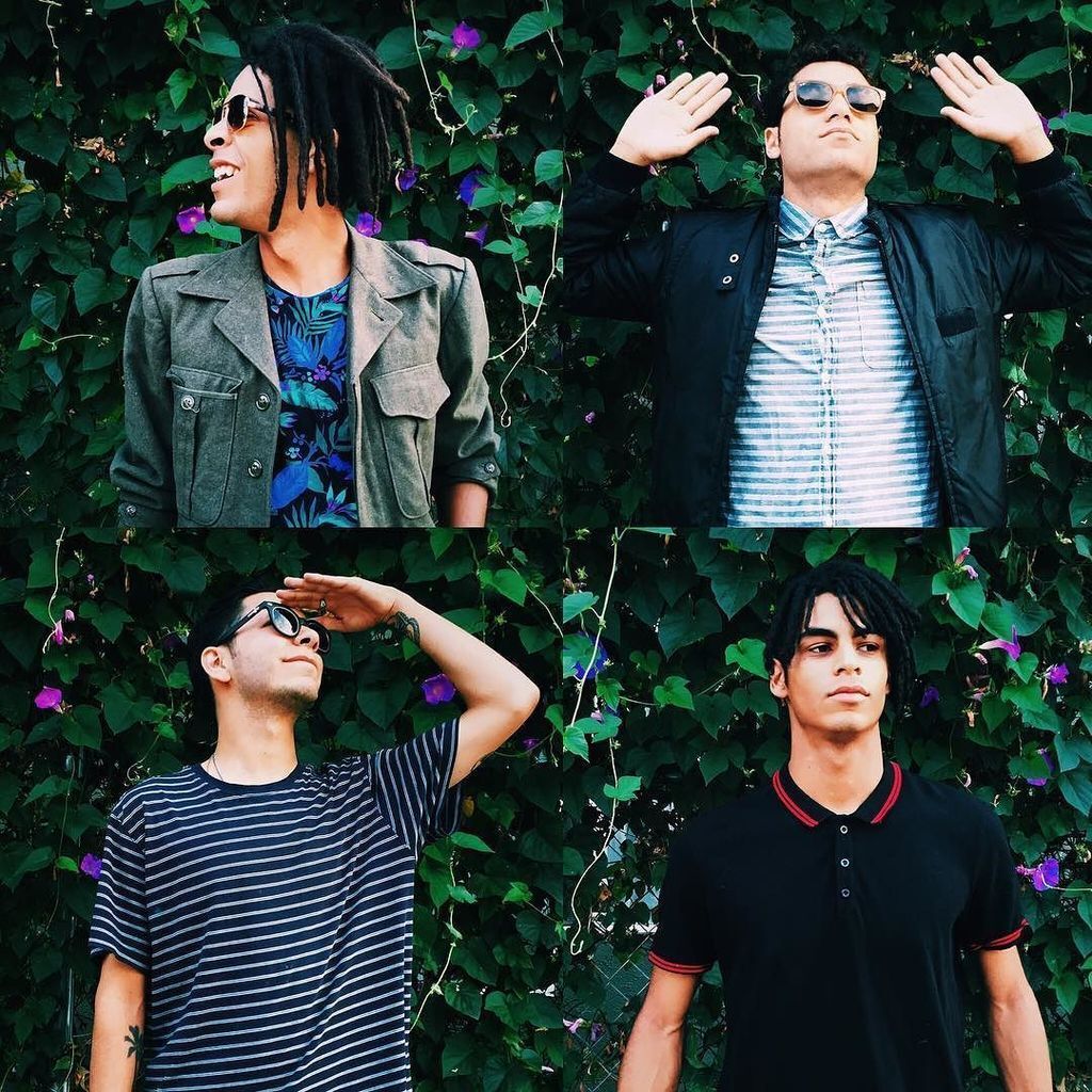 Picture divided in four showing each member of the band. They all look cool but are looking to the side. They are looking happy and behing them there are only green leaves.